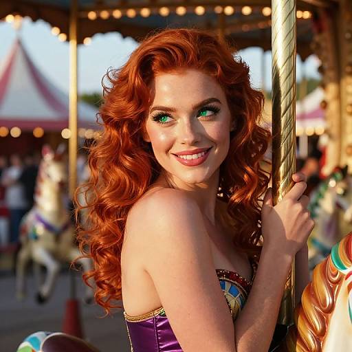 Photograph of a smiling, fair-skinned woman with vibrant red curly hair, green eyes, and a purple corset, holding a carousel pole,