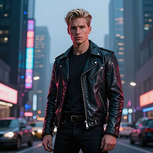 Photograph of a blonde, blue-eyed man in a black leather jacket and black shirt, standing in a neon-lit, urban street at dusk,