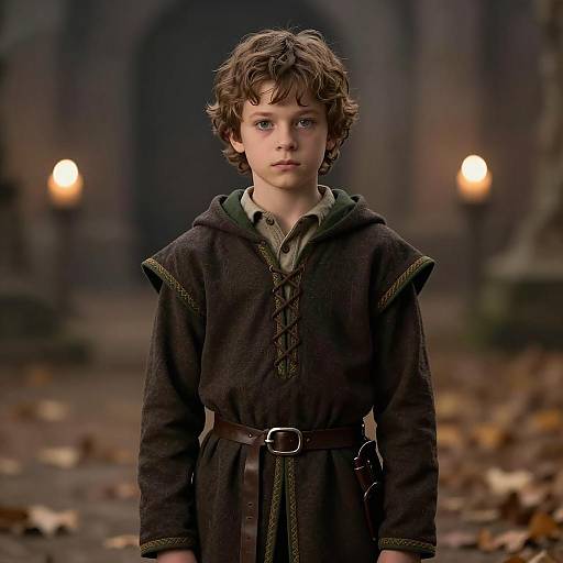 Young boy in medieval tunic outdoors