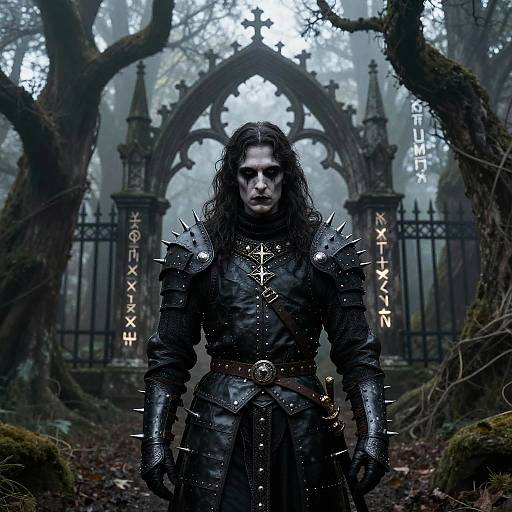 Photograph-like digital artwork of a dark-haired man in spiked black armor standing before a gothic archway in a misty forest. 