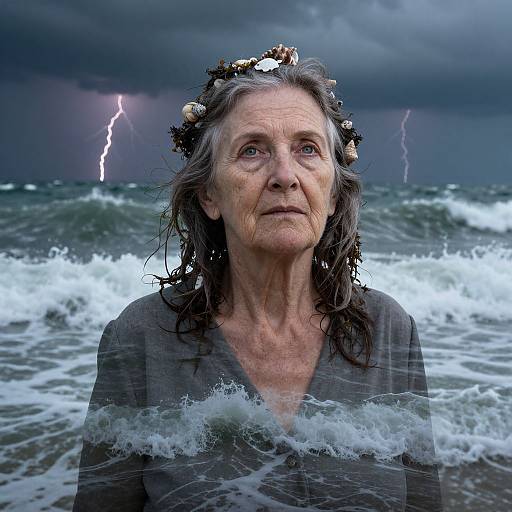 Photograph of an elderly woman with wet, gray hair, wearing a seaweed crown, standing in turbulent ocean waves during a stormy night with lightning