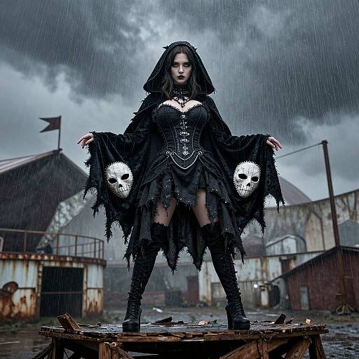Gothic woman in black hooded dress, skull masks, and boots stands on wooden platform in rainy, industrial, cloudy background. Digital art.