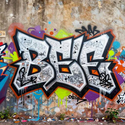 Vibrant graffiti on a weathered concrete wall featuring bold white letters with black outlines, colorful splatters, and various black tags.