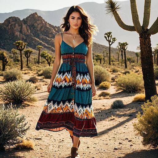 Woman in Colorful Sundress in Desert Landscape