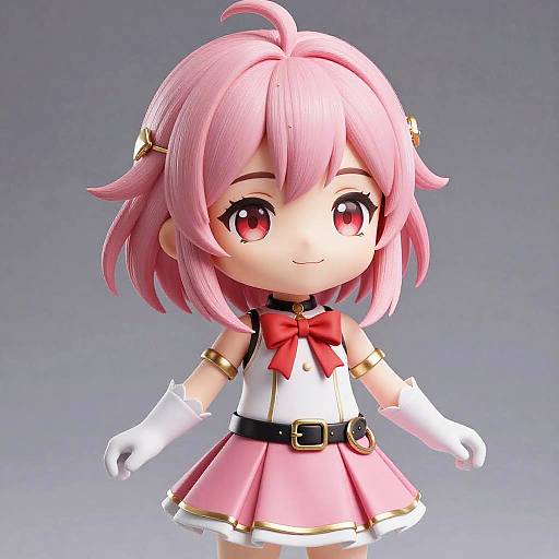 Chibi-style digital drawing of a cute anime girl with pink hair, red eyes, white gloves, pink skirt with gold trim, and a red bow