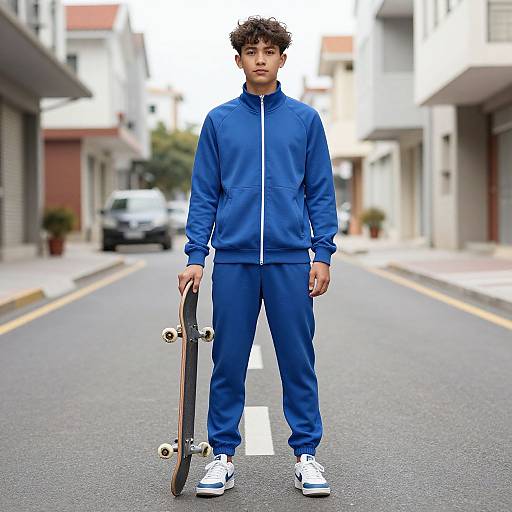 Photograph of a young boy with curly hair, wearing a blue tracksuit and white sneakers, standing on a suburban street holding a skateboard. Blurred