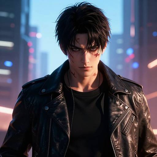 CGI image of a brooding, black-haired man with tattoos, wearing a black leather jacket, standing in a neon-lit urban night scene.
