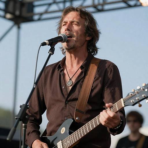 Middle-Aged Man Singing and Playing Electric Guitar on Stage