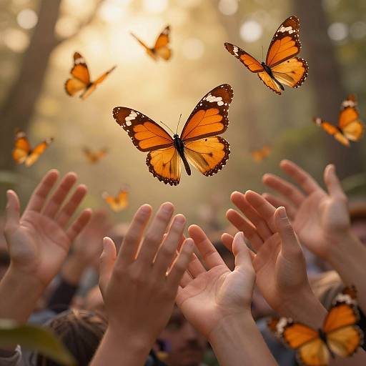 Photograph of several orange and black butterflies fluttering above outstretched hands in a sunlit forest, creating a magical, serene scene.