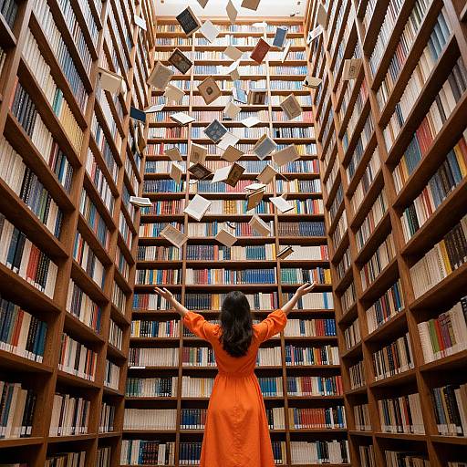 Photograph of a woman in an orange dress, arms raised, standing in a towering library with books and floating papers.