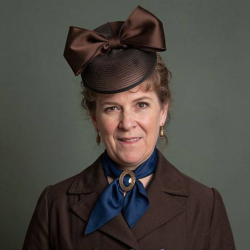 Photograph of an older woman with fair skin, brown eyes, and dark brown hair in an updo, wearing a black hat with a large bow