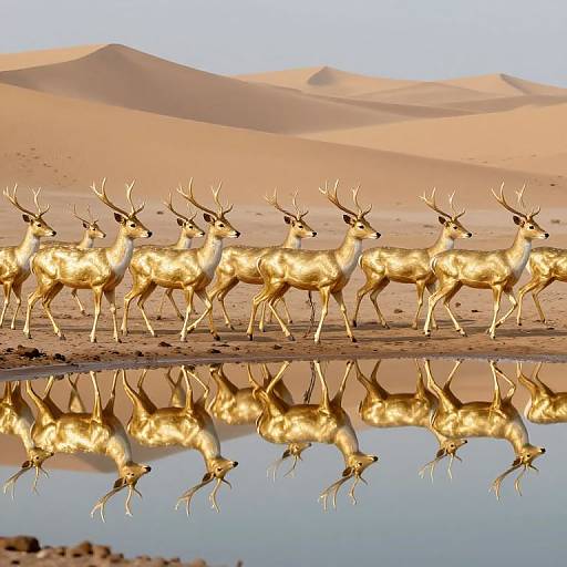 Photograph of a herd of golden antelopes with reflective water and sand dunes in the background, creating a surreal desert scene.