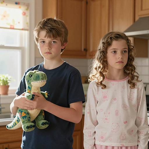 Children in Kitchen with Stuffed Dinosaur