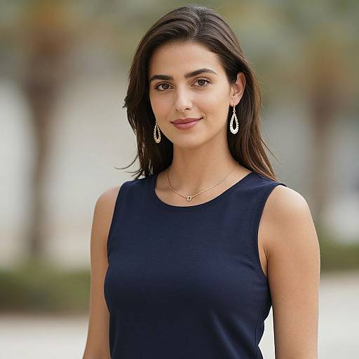 Photograph of a young woman with medium skin tone, dark brown hair, wearing a sleeveless black dress and dangling silver earrings, smiling subtly against a
