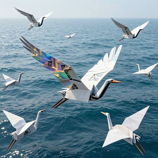 Digital artwork of a paper airplane with colorful graphics flying among white paper seagulls over a blue ocean.