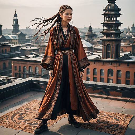 Athletic Woman in Burnt Sienna Robes on Victorian Rooftop