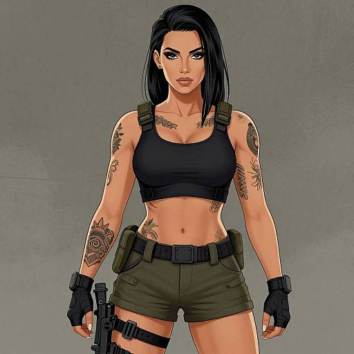 Digital illustration of a tattooed, black-haired woman in a black sports bra and olive green shorts, holding a gun, with a gray background. She