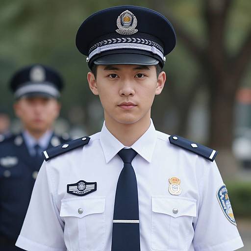 Photograph of an Asian male police officer with a serious expression, wearing a white uniform and black cap, standing outdoors with a blurred background of other officers