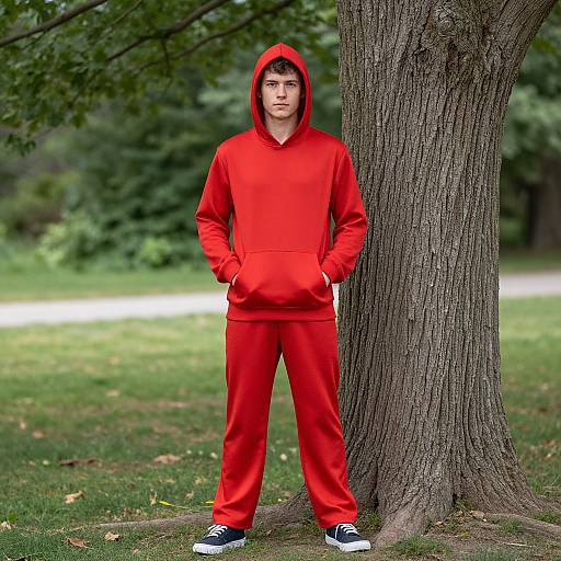 Photograph of a young man in a bright red hoodie and pants, hands in pockets, standing against a tree in a green park. He wears black