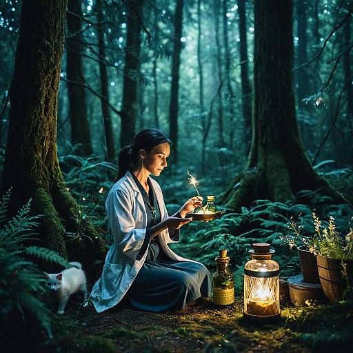 Female Fantasy Healer with Herbal Potions in Enchanted Forest