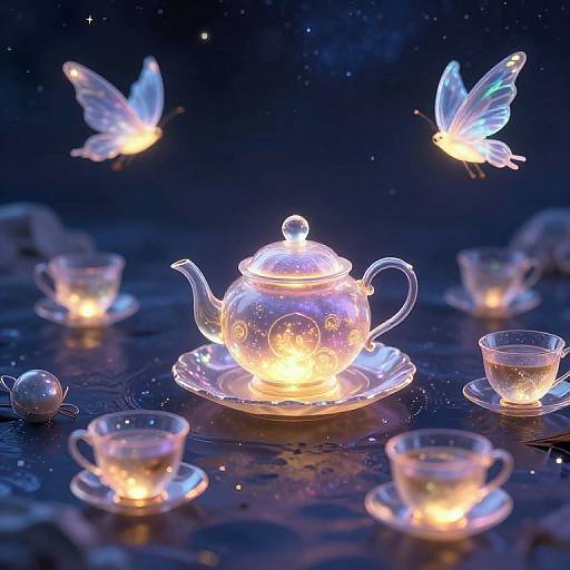 Glowing, ethereal tea set with illuminated butterfly decorations and fairy lights on a dark, starry background. Photorealistic digital art.