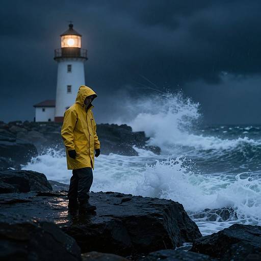 Photograph of a person in a yellow raincoat standing on rocky shore, facing stormy ocean waves, with a lit lighthouse in the dark,
