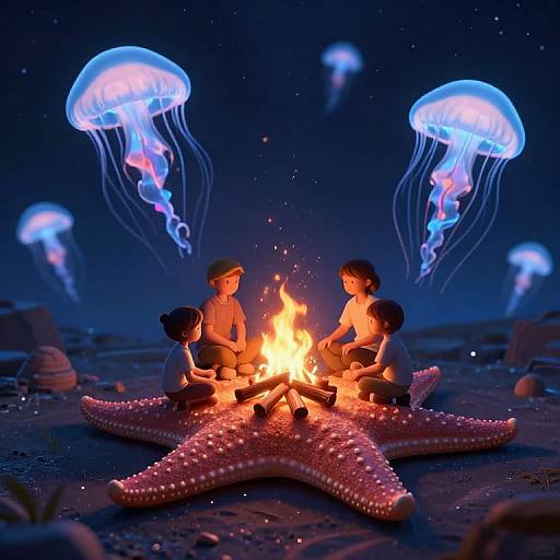 Photograph of three children sitting around a fire on a starfish, surrounded by glowing jellyfish in a dark, starry ocean night.