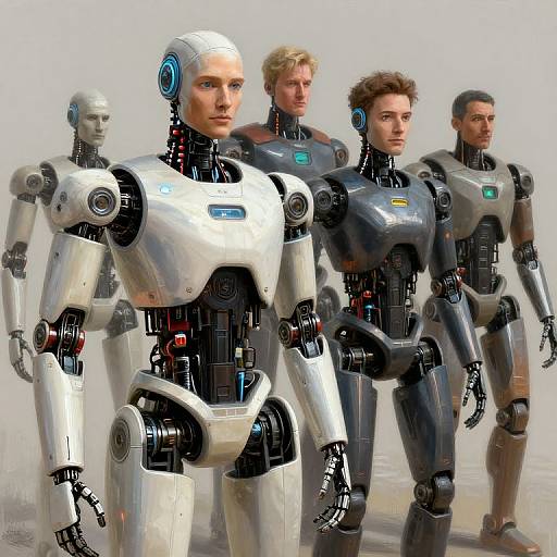 CGI image of five humanoid robots with different metallic colors and designs, standing in a row. Four have blue earpieces, one is silver. Background