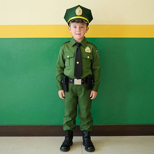 Photograph of a young boy in a green police uniform, black tie, and hat, standing against a green and yellow striped wall.