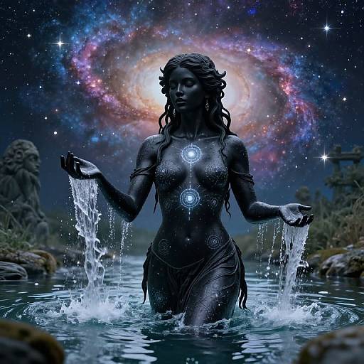 Digital artwork of a black, mystical, nude goddess with glowing symbols, standing in a water pool under a vibrant, glowing galaxy.