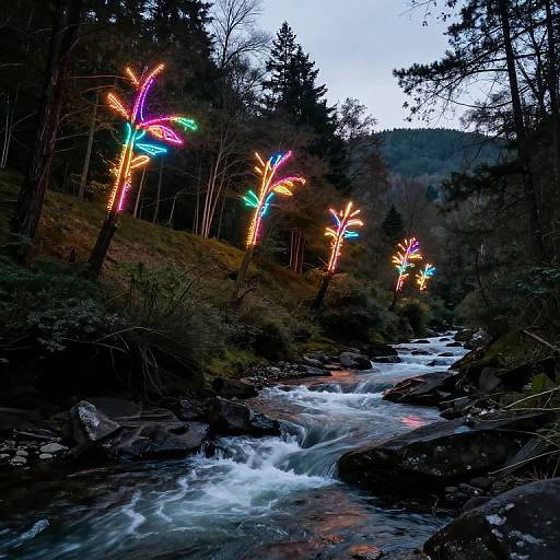 Photograph of a forest stream at dusk, illuminated by colorful, neon-like light sculptures shaped like bird figures, standing among dark trees, with white water