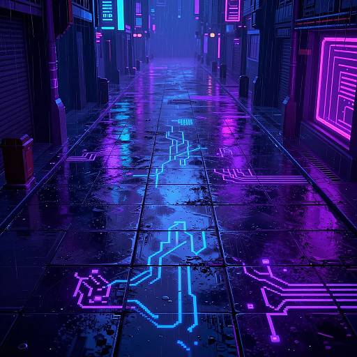 Neon-lit, cyberpunk alleyway at night with glowing blue and purple circuit patterns on wet, reflective pavement, surrounded by illuminated neon signs and