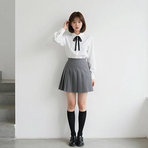 Asian woman in school uniform standing indoors