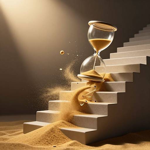 Photograph of a glass hourglass on white stairs, with golden sand flowing, illuminated by a spotlight, creating a dramatic, time-measuring effect.