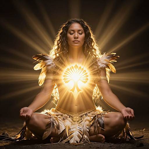 Photograph of a serene woman with long, curly hair, wearing feathered tribal attire, sitting in lotus position, glowing sunburst centered on her
