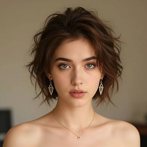 Photograph of a young woman with fair skin, green eyes, and messy dark brown hair, wearing geometric earrings and a delicate necklace, against a blurred