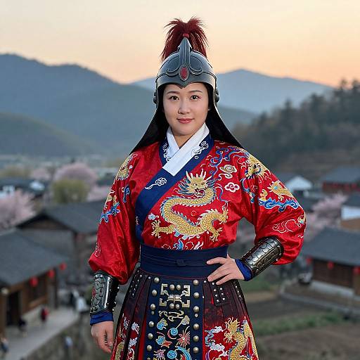 Photograph of a smiling Asian woman in traditional Korean samurai attire with red embroidered robes, black armor, and helmet, standing in a mountain village at