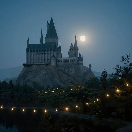 Photograph of Hogwarts Castle at night, illuminated by a full moon, with string lights in the foreground and dark silhouetted trees.