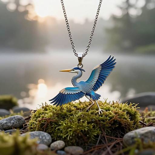 Photograph of a bluebird pendant with outstretched wings, perched on mossy rocks, sunlight reflecting on a misty lake background.