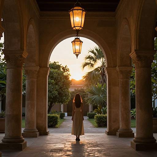 Photograph of a woman in a beige dress standing under a sunlit archway, surrounded by columns, lantern, and tropical garden.