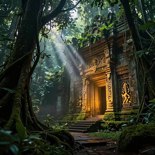 Photograph of a dimly lit, ancient, intricately carved temple in a lush, dense jungle, with sunlight streaming through the trees, illuminating