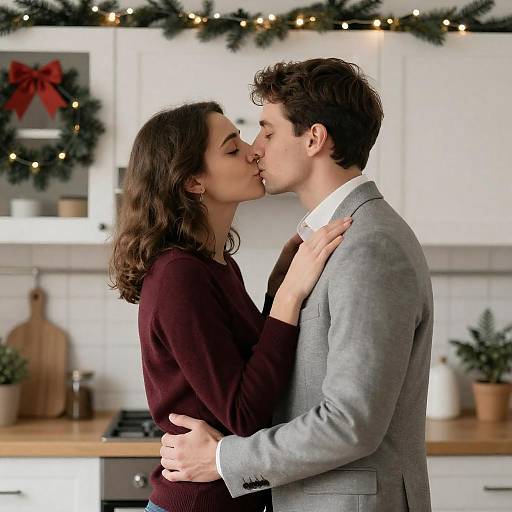 Romantic Kitchen Kiss Under Christmas Lights