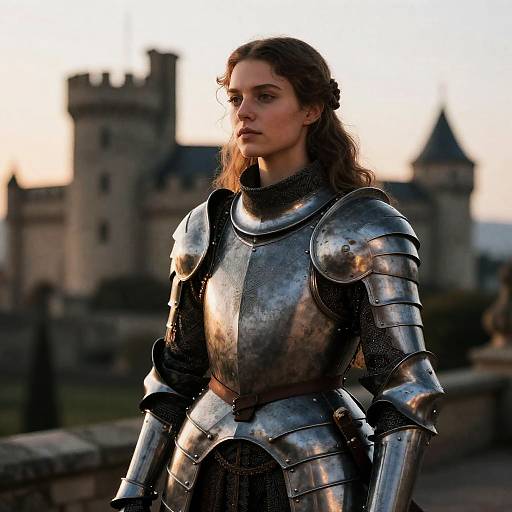 Woman in Medieval Armor with Castle Background