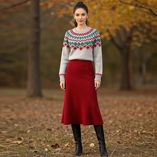 Photograph of a woman with dark hair in a ponytail, wearing a white sweater with green and red patterns, red skirt, black boots, standing