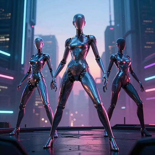 Photorealistic CGI of three metallic, futuristic, androgynous androids in a neon-lit urban setting, standing in a triangular formation with