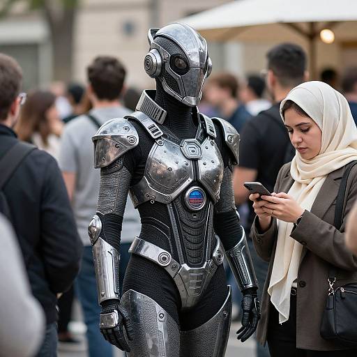 Photograph of a woman in a white hijab and brown coat, looking at her phone beside a futuristic, silver humanoid robot. Background: blurred crowd