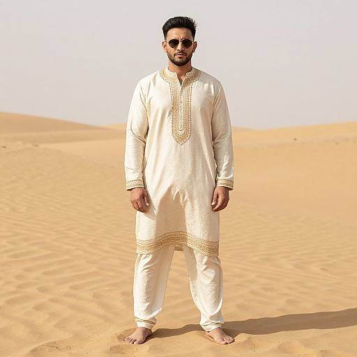 Photograph of a bearded South Asian man with dark hair, wearing sunglasses, white traditional kurtah and pajama, standing barefoot in a