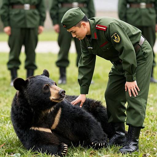 Military Youth Engaging with a Calm Bear