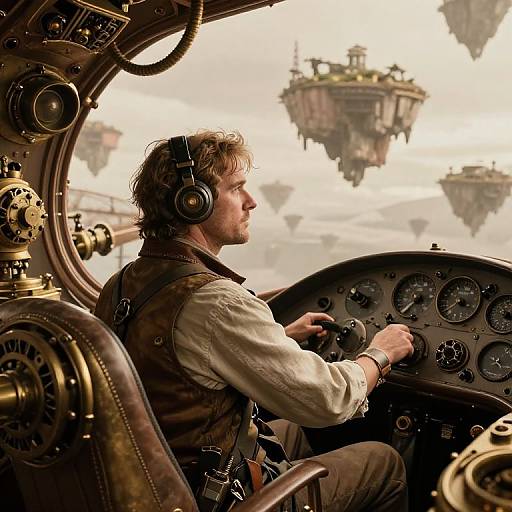 Steampunk pilot with curly hair, headset, and brown vest, flies vintage aircraft, surrounded by floating islands in a cloudy sky.