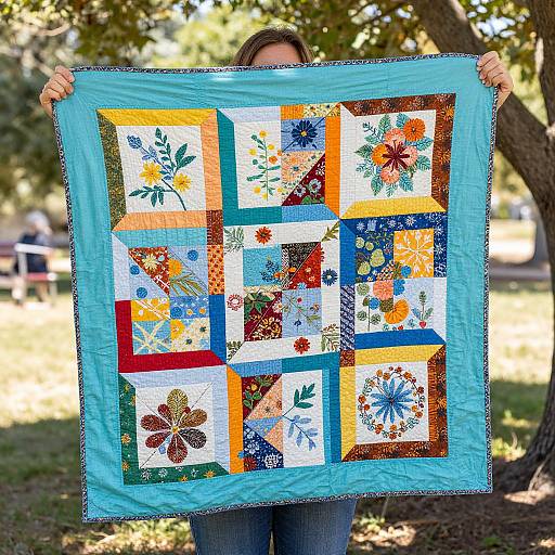 Photograph of a person holding a colorful, floral-patterned quilt with a blue border, standing outdoors in a sunlit park.